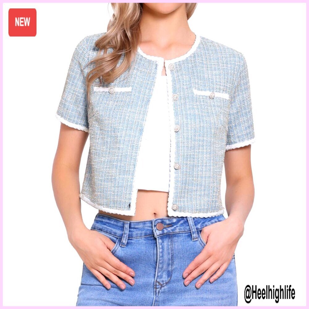 Short Sleeve Tweed Cropped Cardigan with Button Front